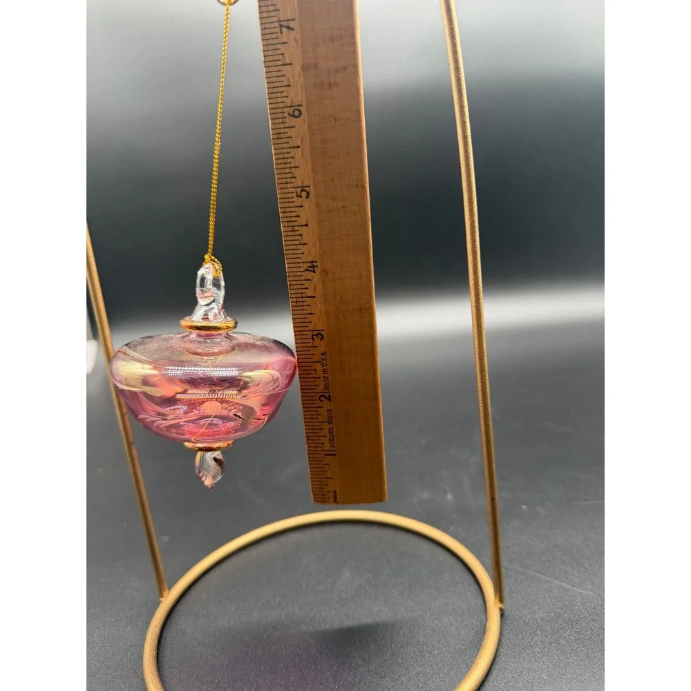Vintage Iridescent Pink Hand‎ Blown Glass Ornament Etched Floral Gold Trim 3